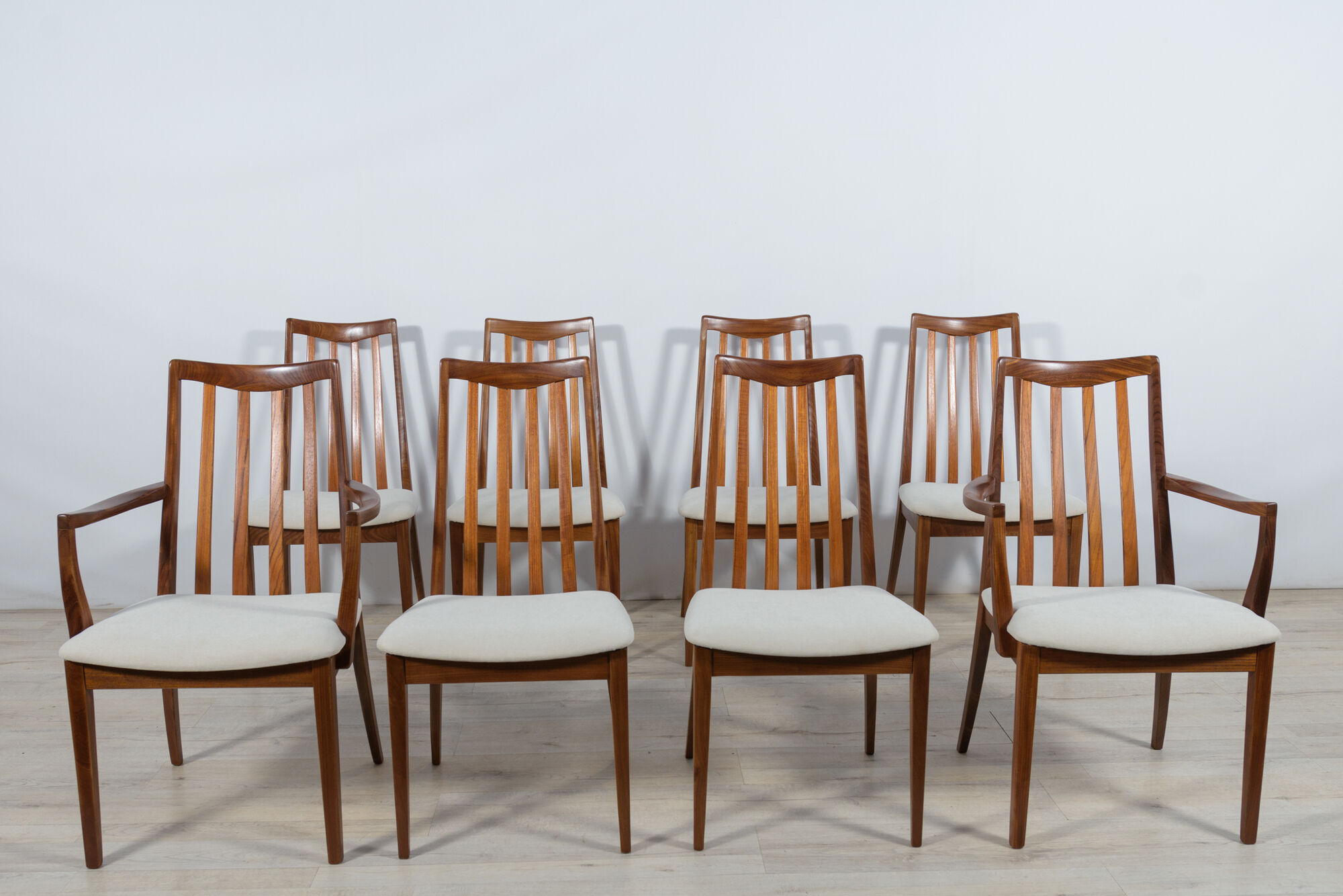 Mid-century teak and fabric dining chairs by Leslie Dandy for G-Plan, 1960s, Set of 8