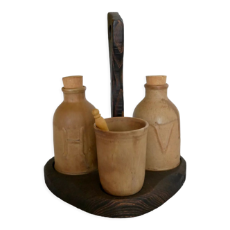 Oil vinegar and mustard pot server in stoneware