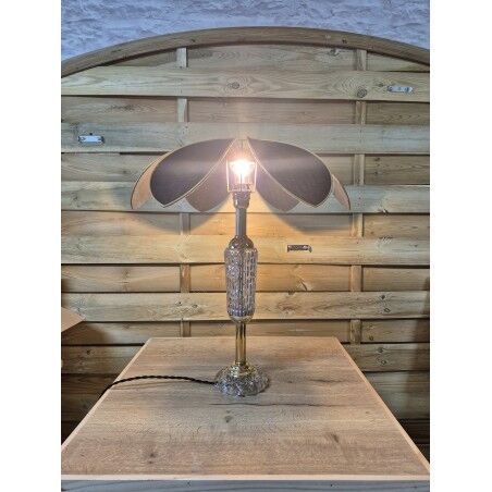 Lotus flower lamp in antique glass and black linen, unique creation.