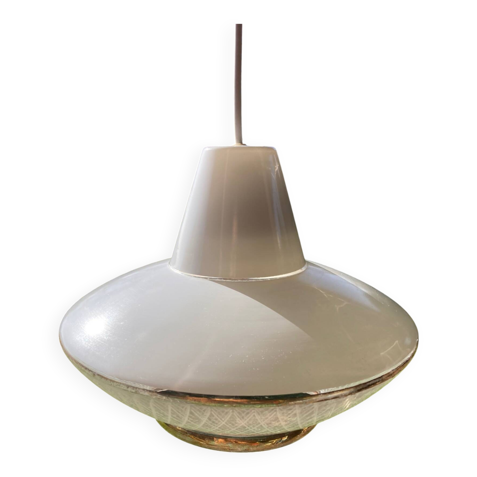 Space Age saucer pendant light, 1950s chandelier, in white and gold glass