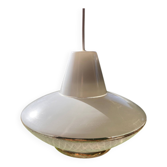 Space Age saucer pendant light, 1950s chandelier, in white and gold glass