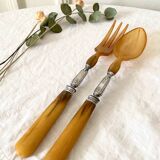 Old salad servers in horn and silver metal