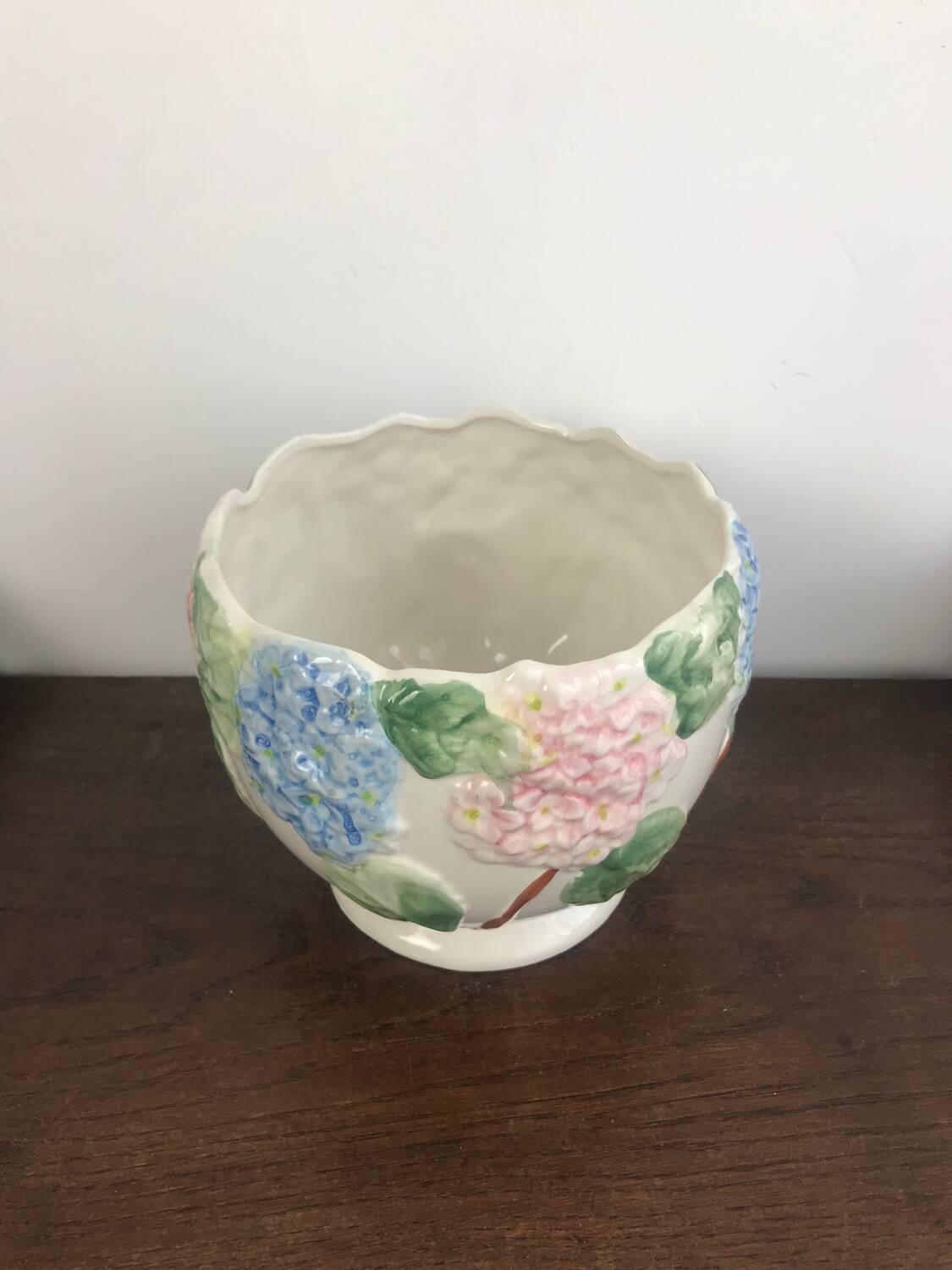 Vintage slip pot with hydrangea pattern