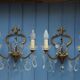 Gilt Bronze French Antique wall Sconces: Crystal Drops, Twin Arms, C1940s