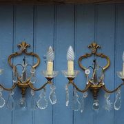 Gilt Bronze French Antique wall Sconces: Crystal Drops, Twin Arms, C1940s