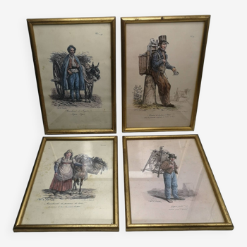 Lot of 4 prints "Les Cris de Paris", Signed Carle Vernet