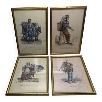 Lot of 4 prints "Les Cris de Paris", Signed Carle Vernet