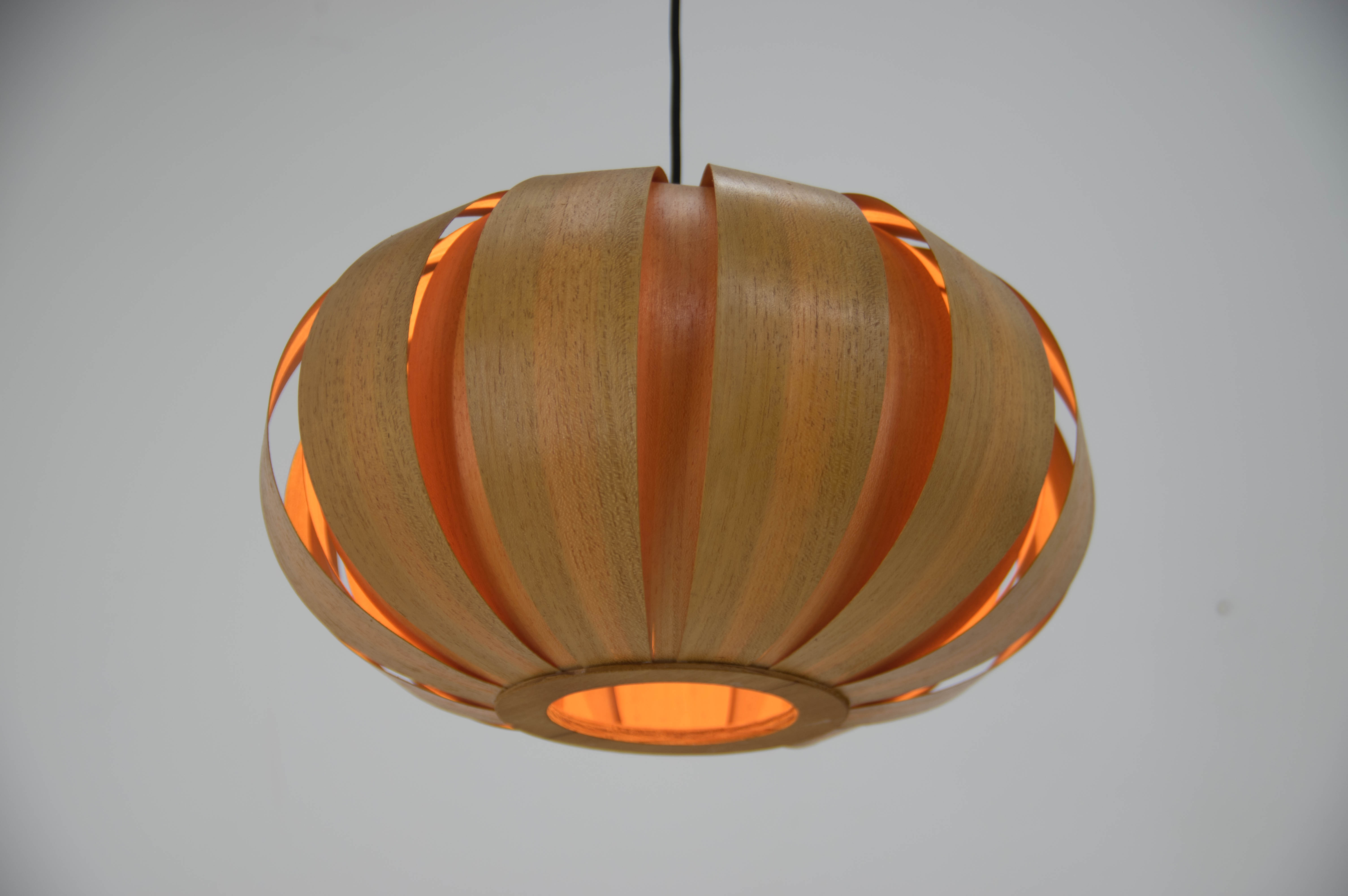 Midcentury Wooden Veneer Pendant, ULUV, 1960s