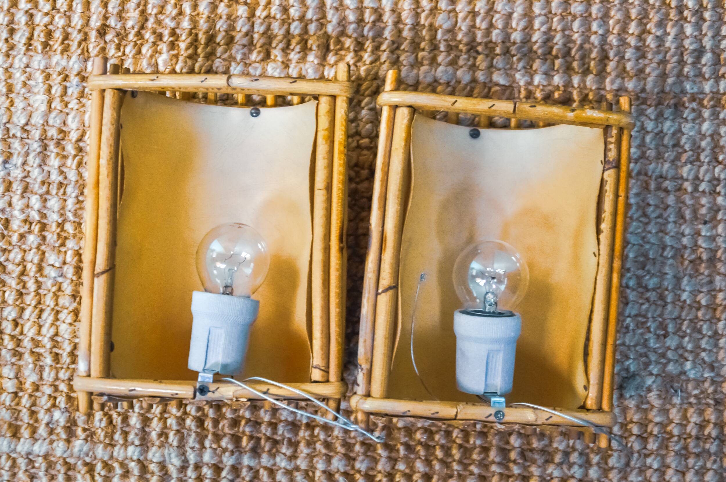 Pair of rattan wall lights, France, 1960