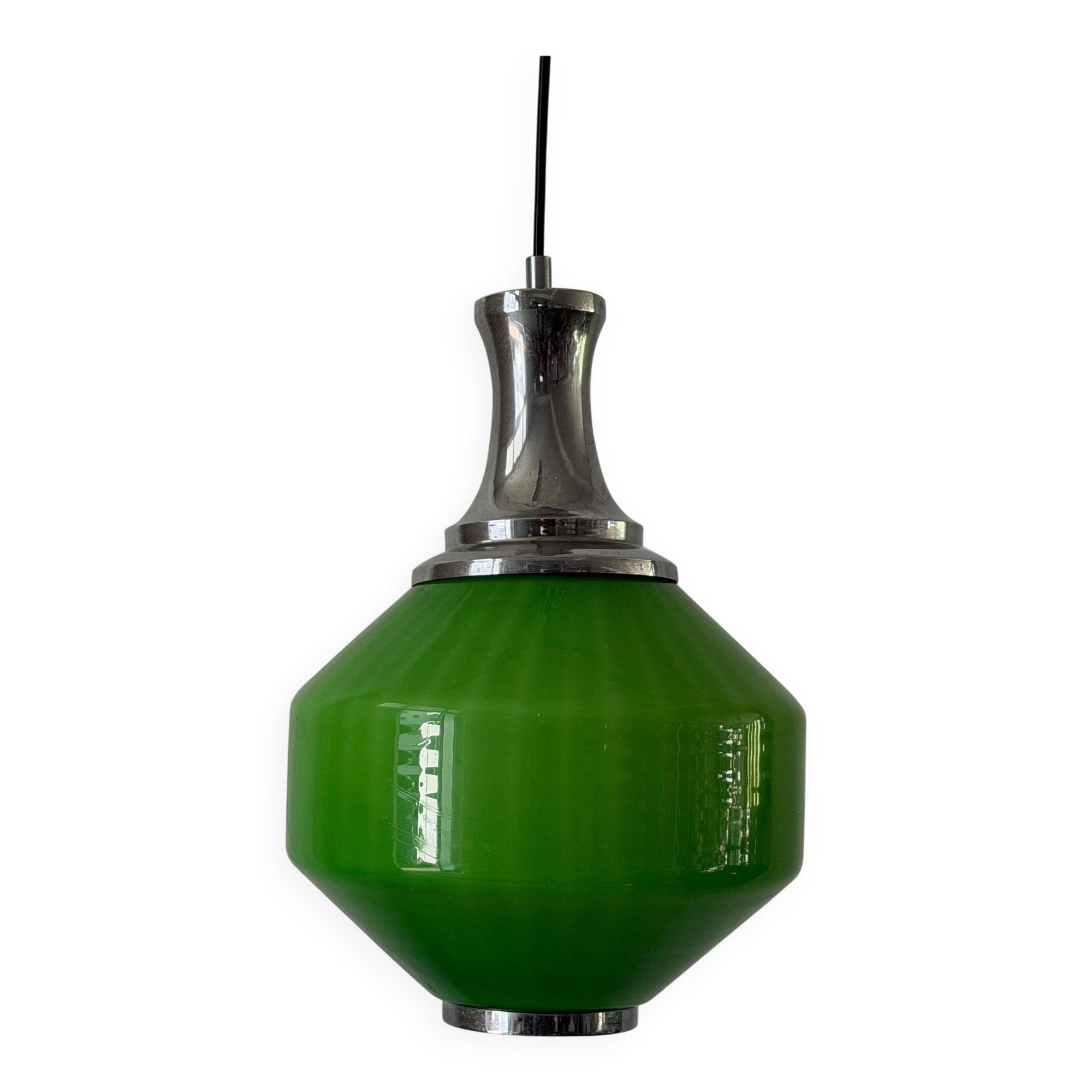 Green glass ceiling light with chrome frame, 1960s, Germany