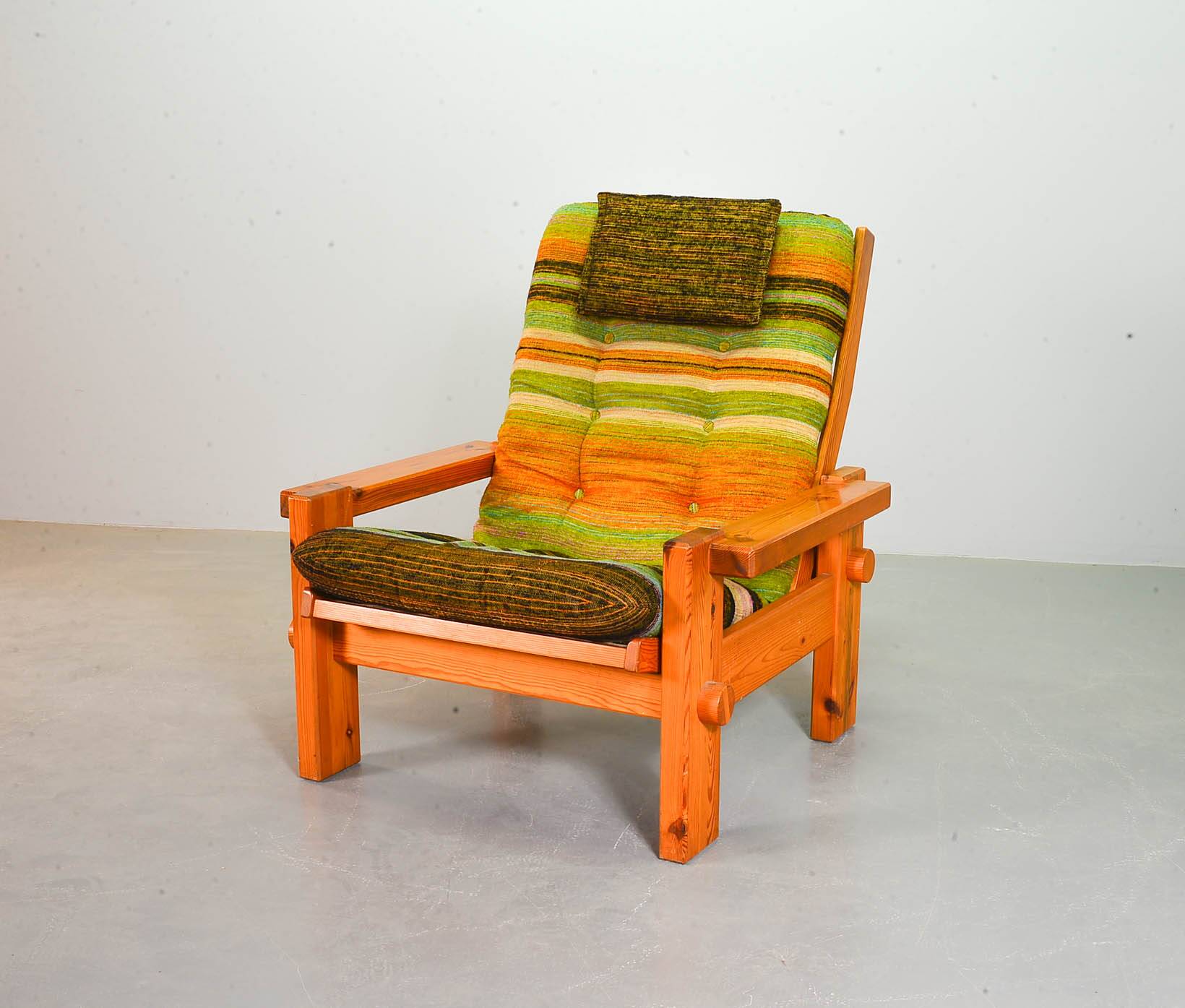Multicolored Yngve Ekstrom Pinewood Lounge Chair Dymling for Swedese 1970s