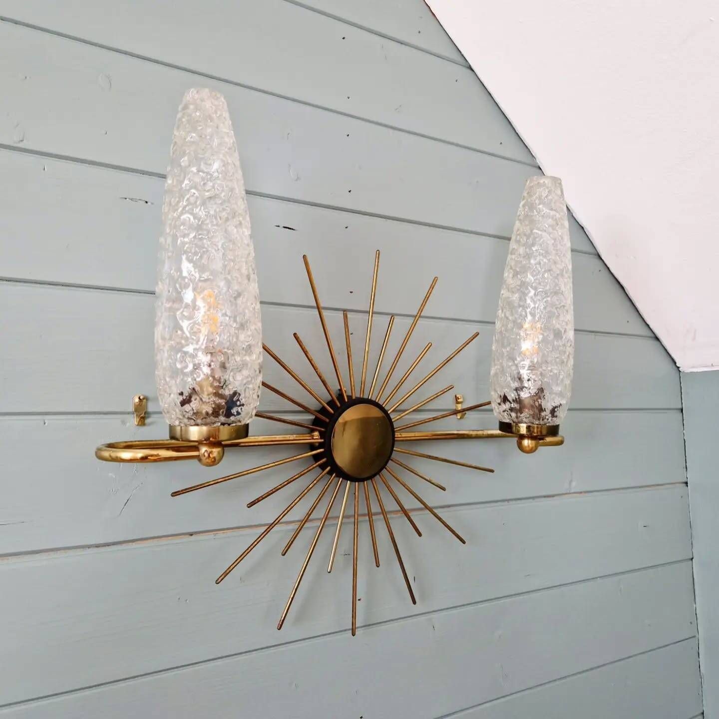 Wall lamp sun in brass and frosted glass (3 available), 1950