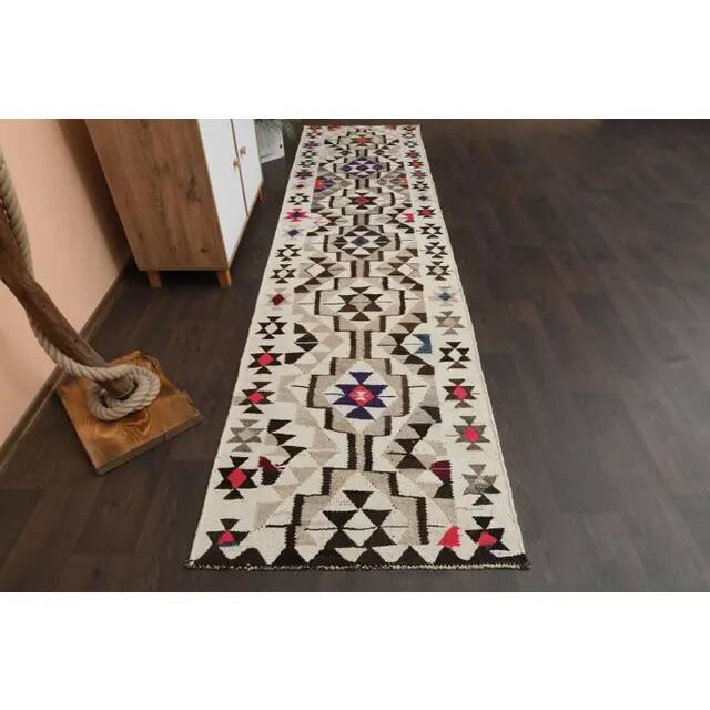 1970s Vintage Turkish Hand-Knotted Wool Cotton Beige Runner Rug 91x350