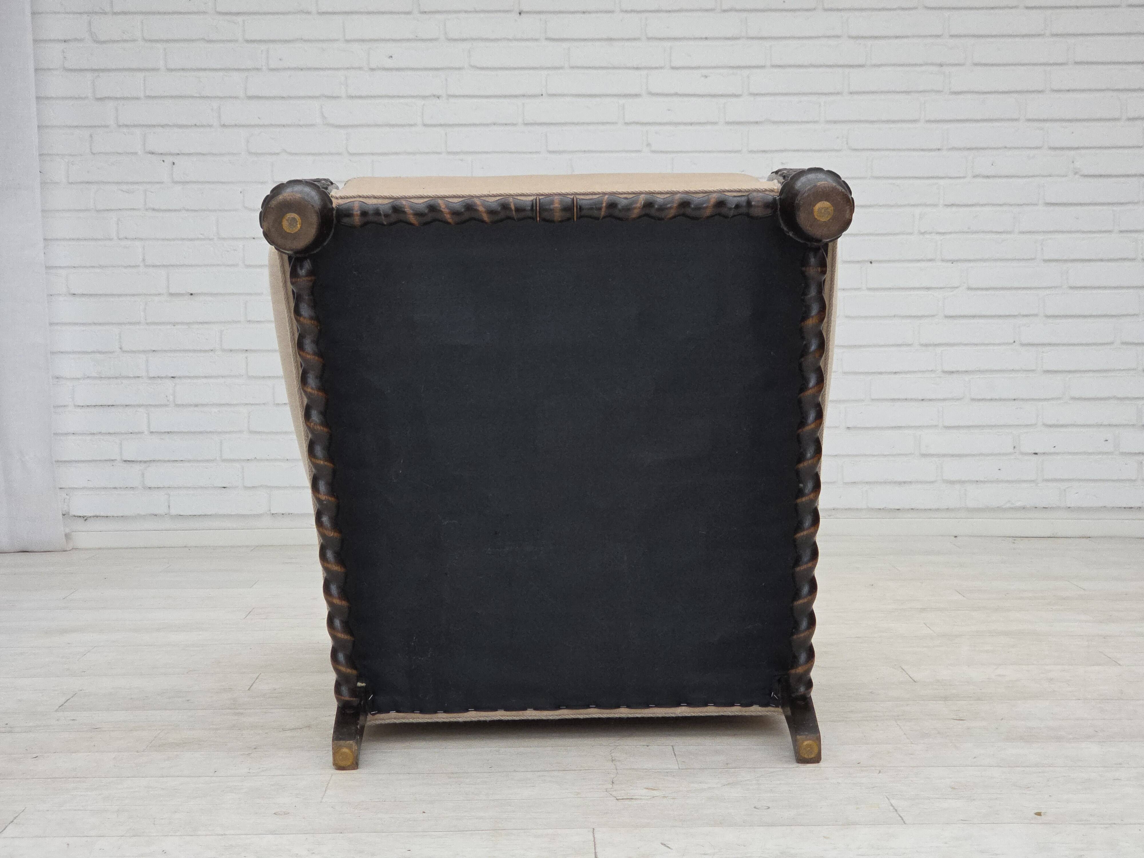 1960s, Danish wingback armchair, furniture velour, carved oak wood.