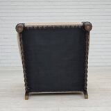 1960s, Danish wingback armchair, furniture velour, carved oak wood.