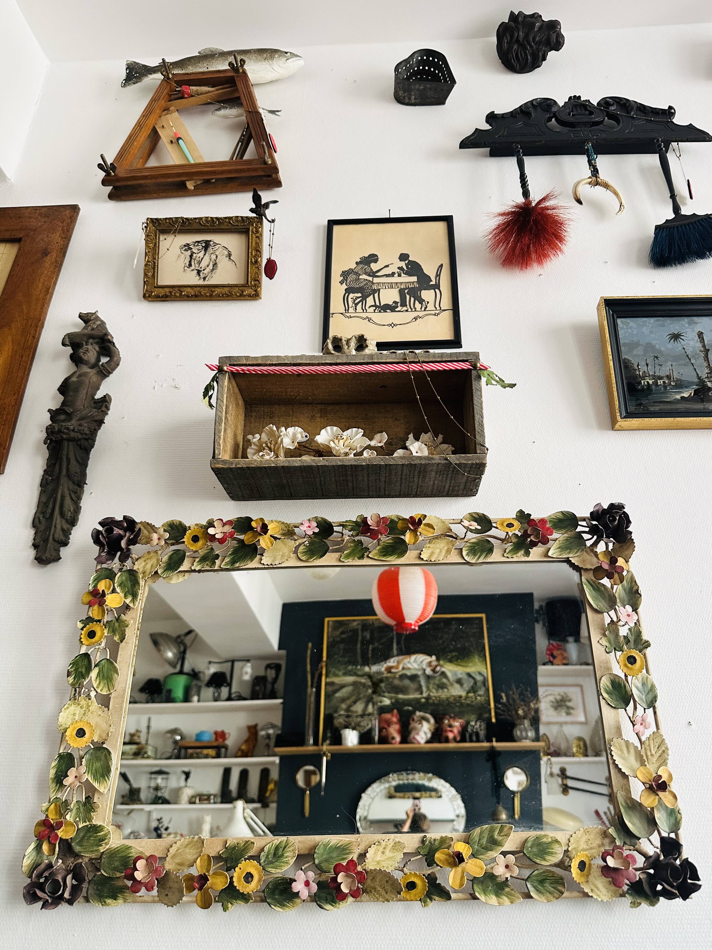 Italian wall mirror in polychrome floral metal, 1950s
