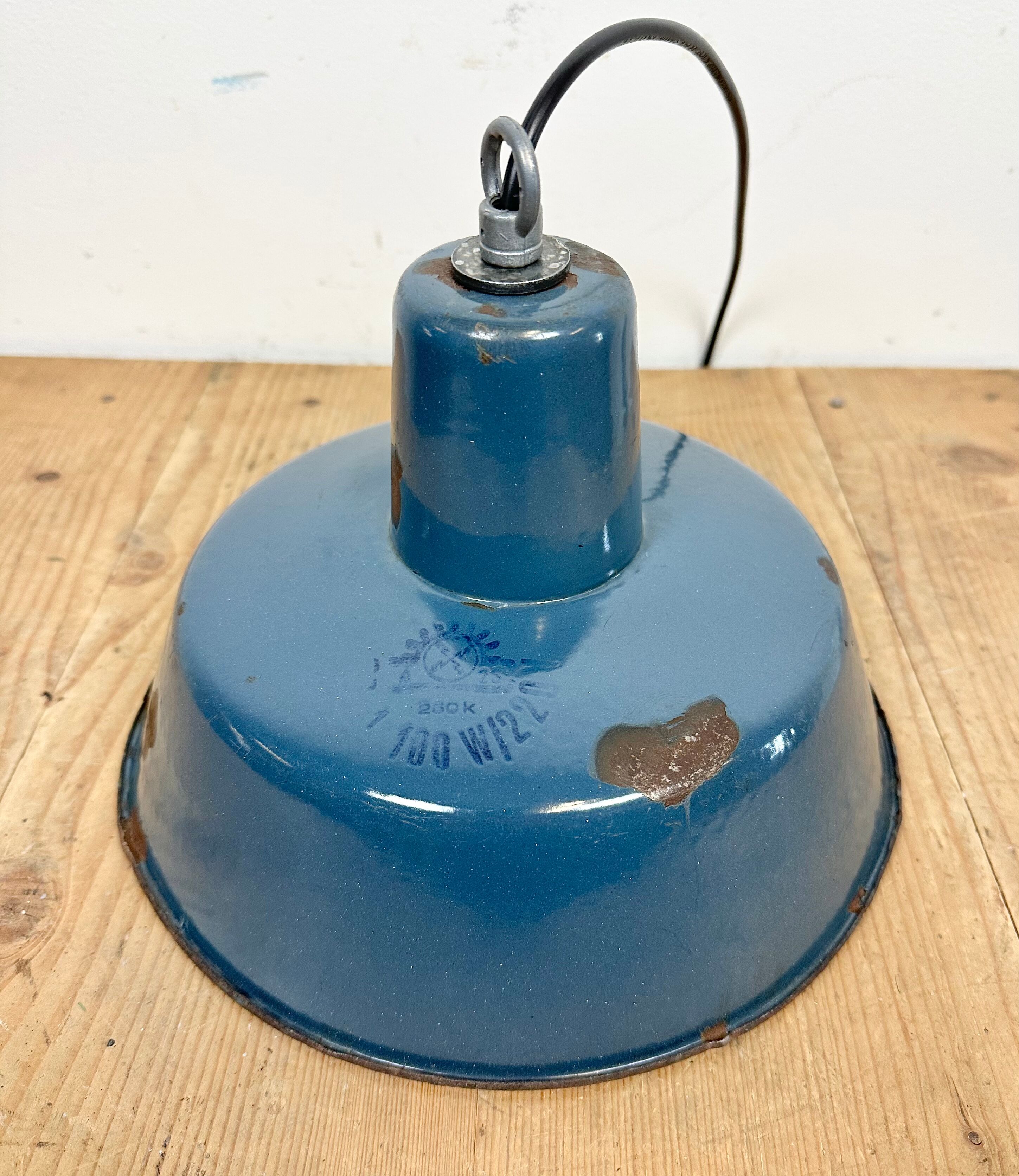Small Industrial Blue Enamel Pendant Lamp, 1960s