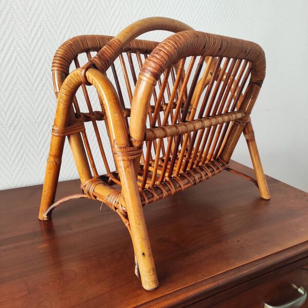 Porte-revues en rotin vintage 50-60