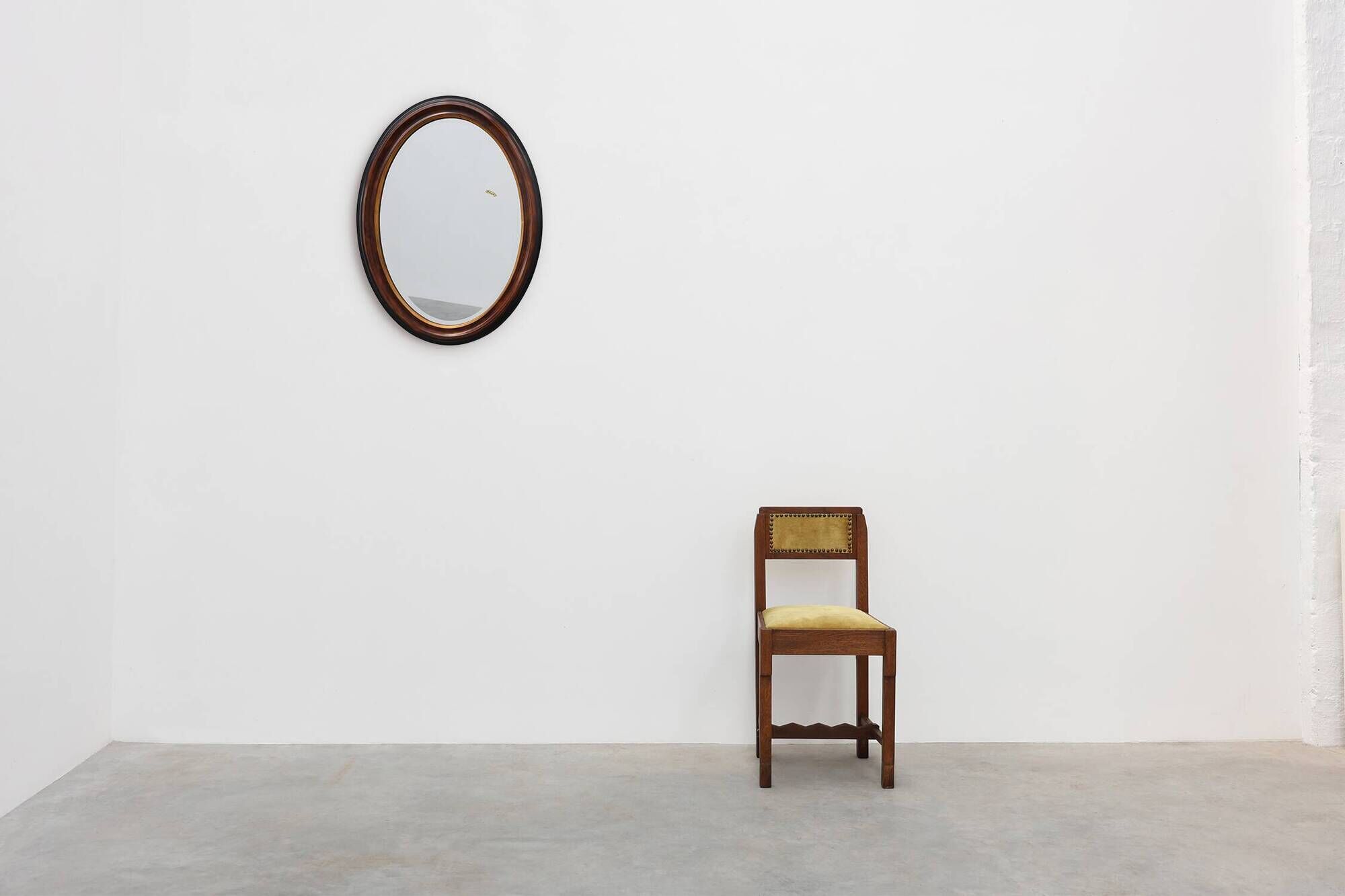 Deknudt Oval Wall Mirror with Walnut-Toned Frame and Gilt Inner Edge, Belgi