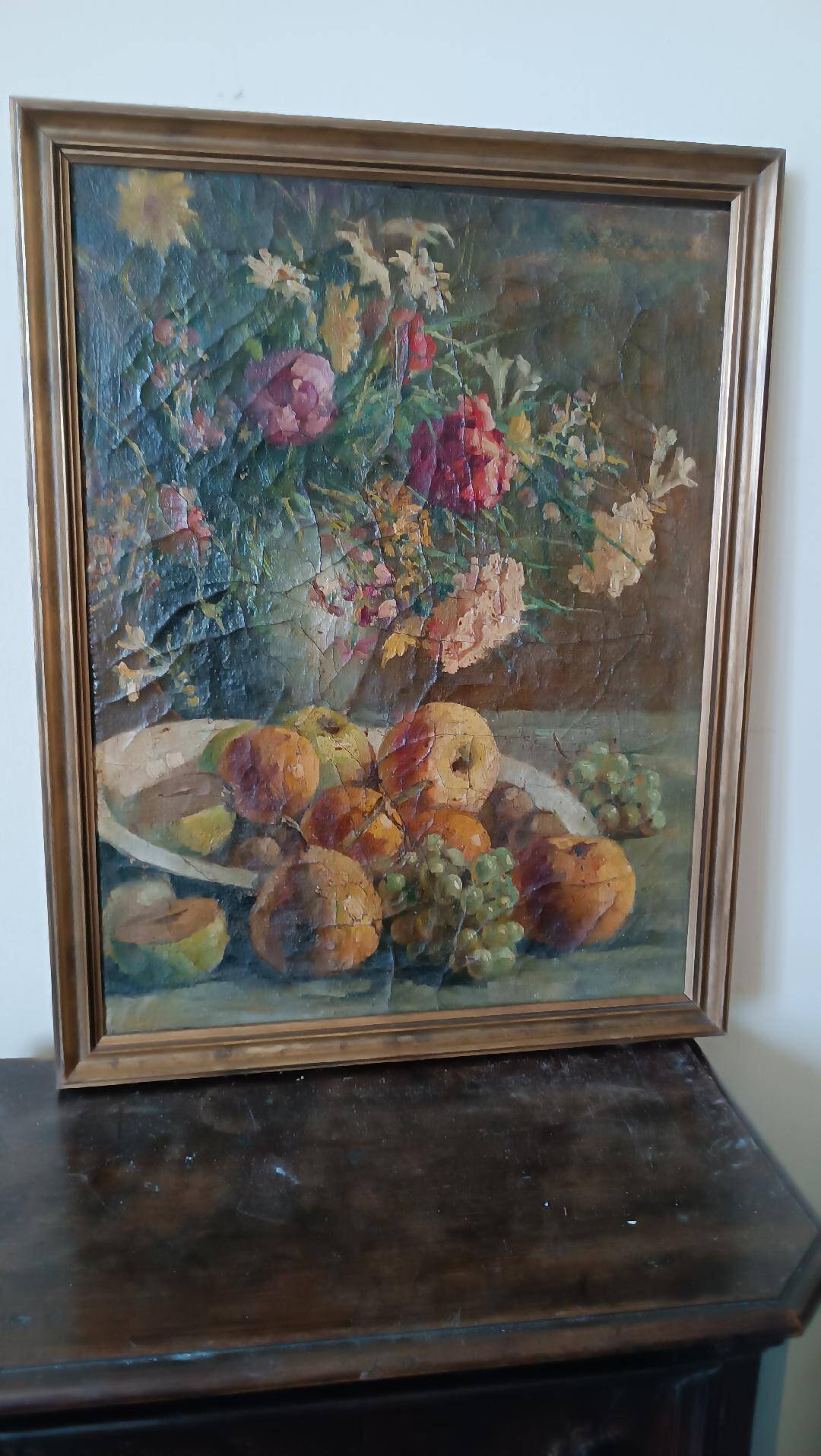 19th century oil painting on canvas fruit vase with flowers