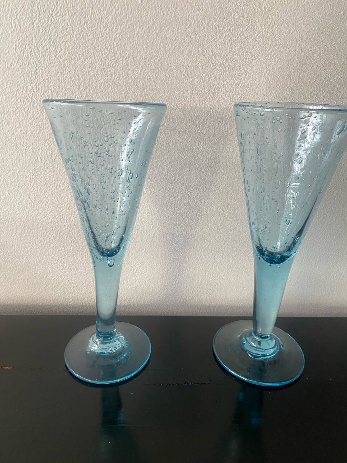 Pair of sky blue chalice or flute glasses