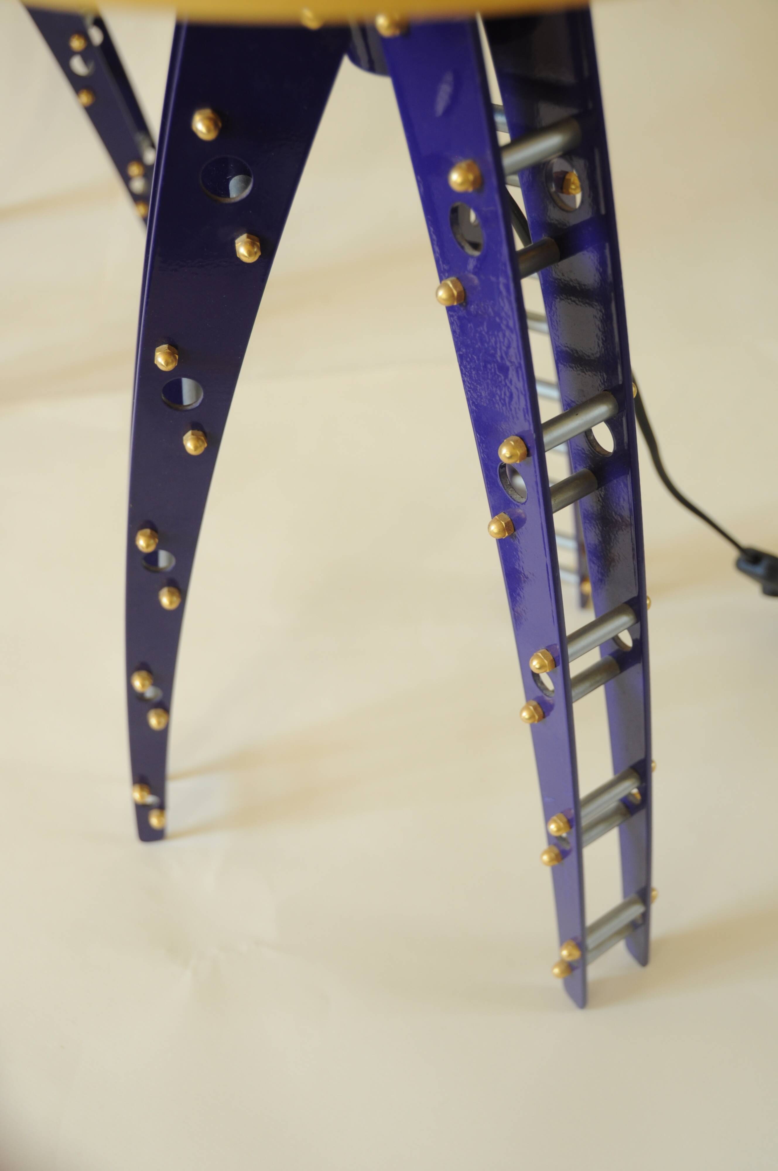 Pair of blue industrial design lamps with yellow shades - Space Age Rocket