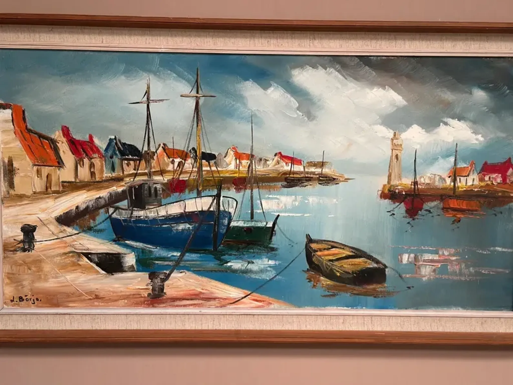 Original Swedish Oil on Canvas – “Boats” by Lennart Börje – Signed – Vintage & Framed 88.5 cm x 48.5 cm (34.8" × 19")