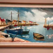 Original Swedish Oil on Canvas – “Boats” by Lennart Börje – Signed – Vintage & Framed 88.5 cm x 48.5 cm (34.8" × 19")