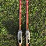Vintage Esko Järvinen skis with shoes on bindings