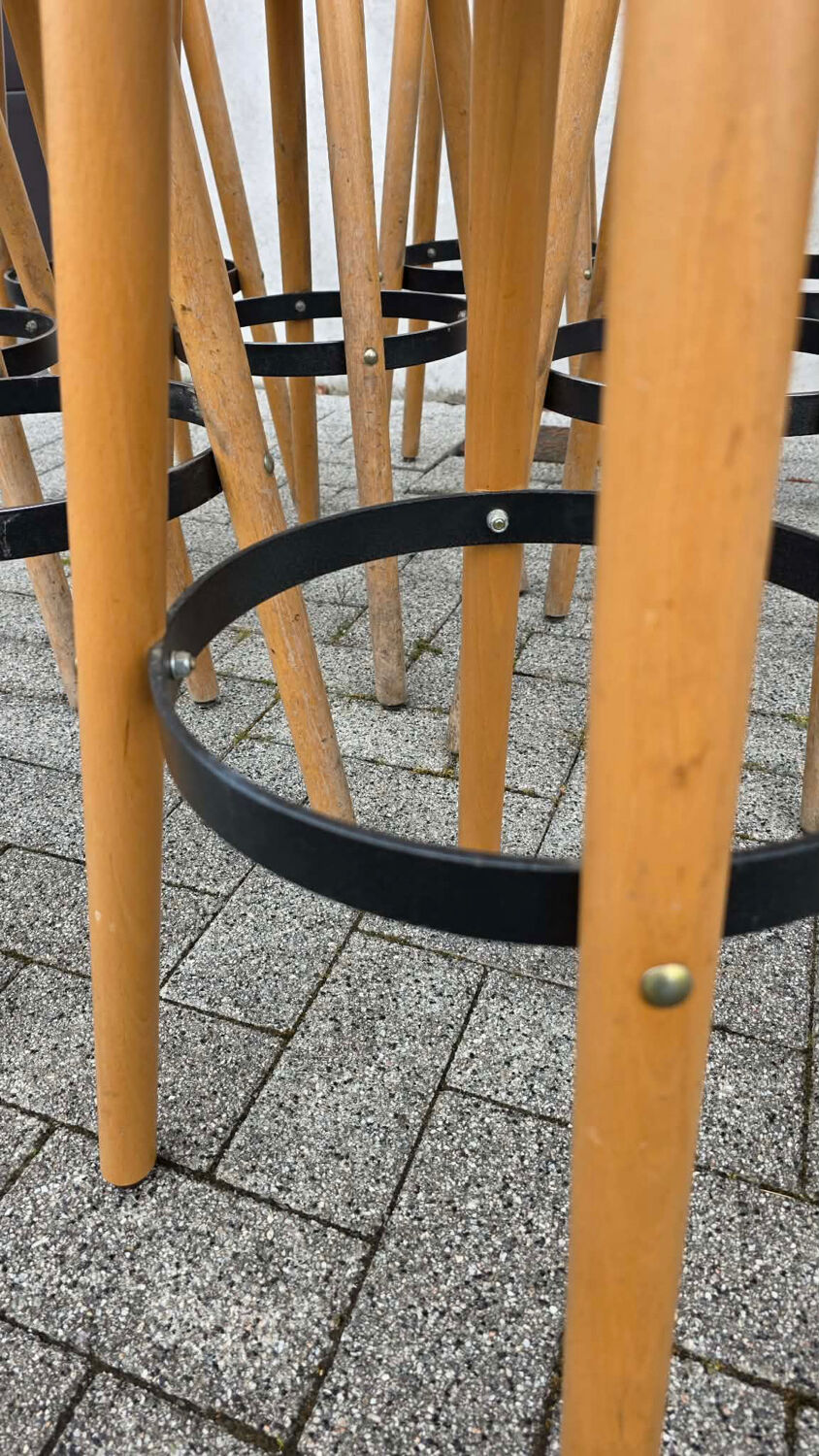 8 mid-century modern bar stools in beech and hammered iron