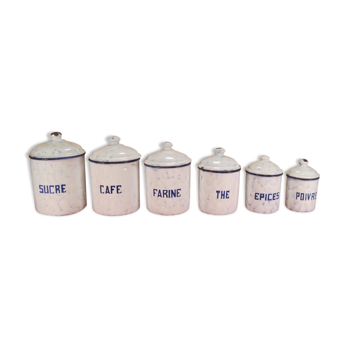 6 pots à épices anciens en tôle émaillée blanc et bleu