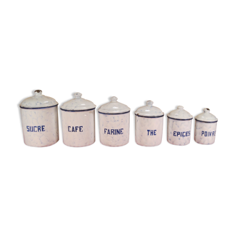 6 pots à épices anciens en tôle émaillée blanc et bleu