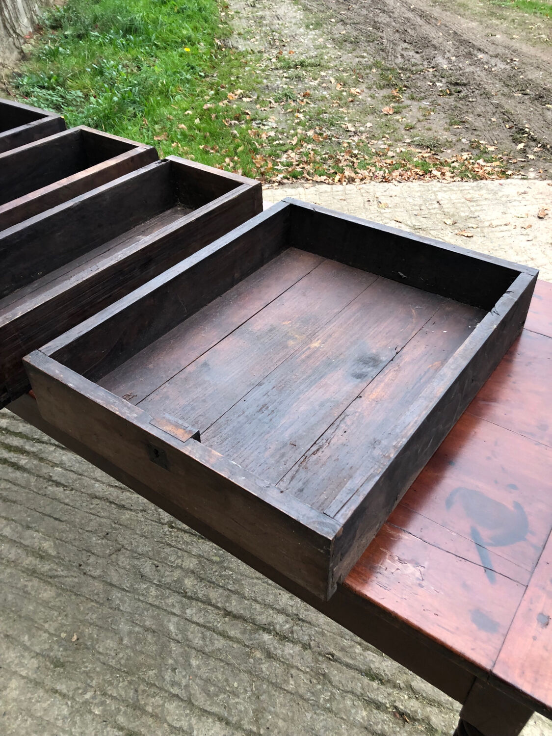 Antique farmhouse table in solid cherry wood with 4 drawers