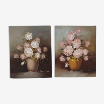 Deux huiles sur toile bouquet de roses robert cox vintage