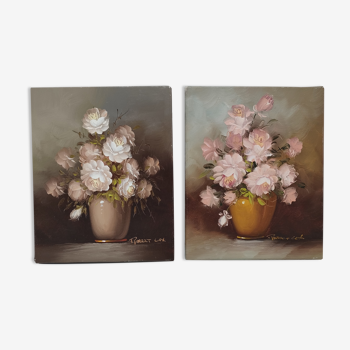 Two oils on canvas bouquet of vintage Robert Cox roses