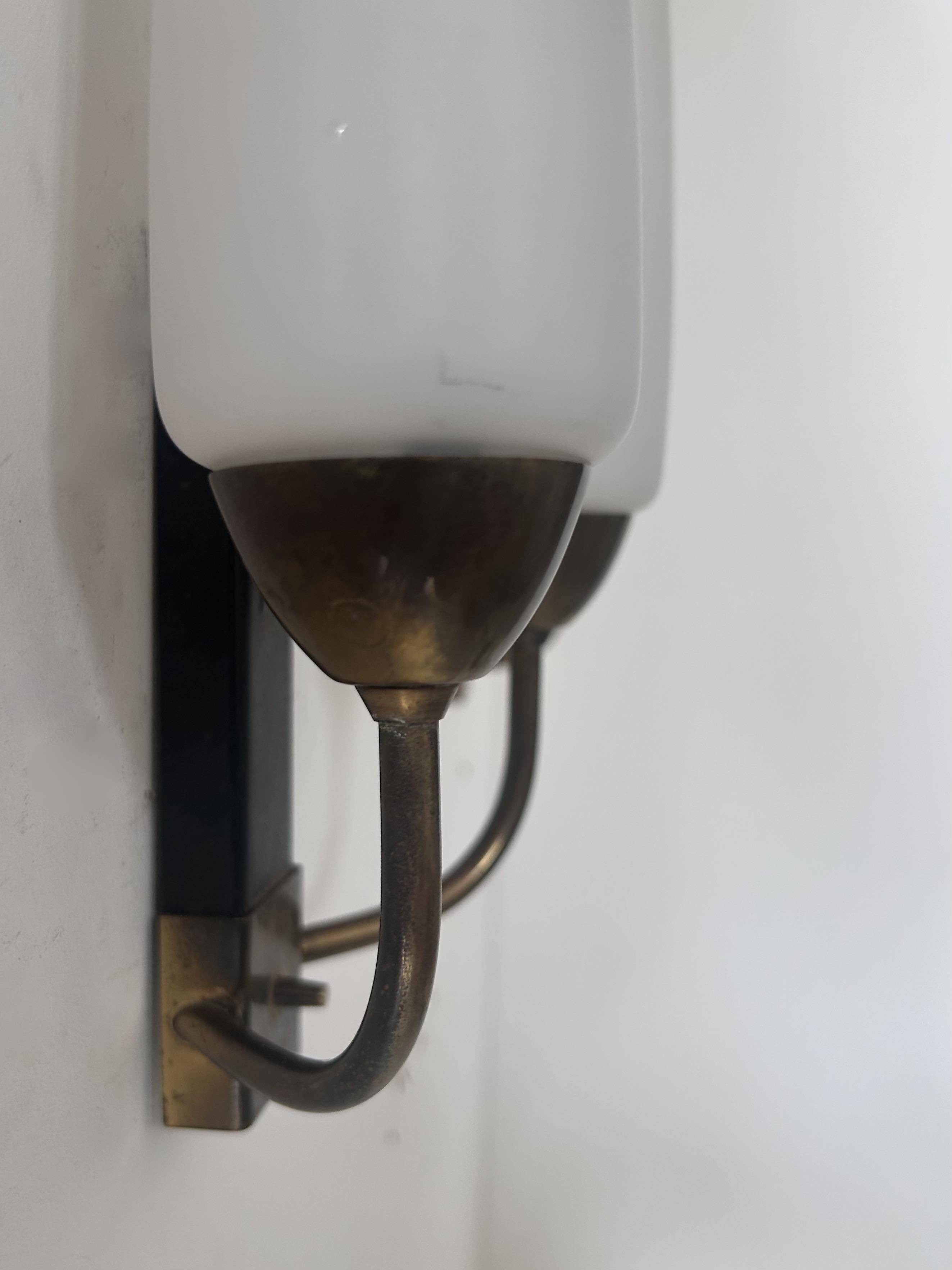 Pair of vintage double wall lights, brass and opaline, France 1950