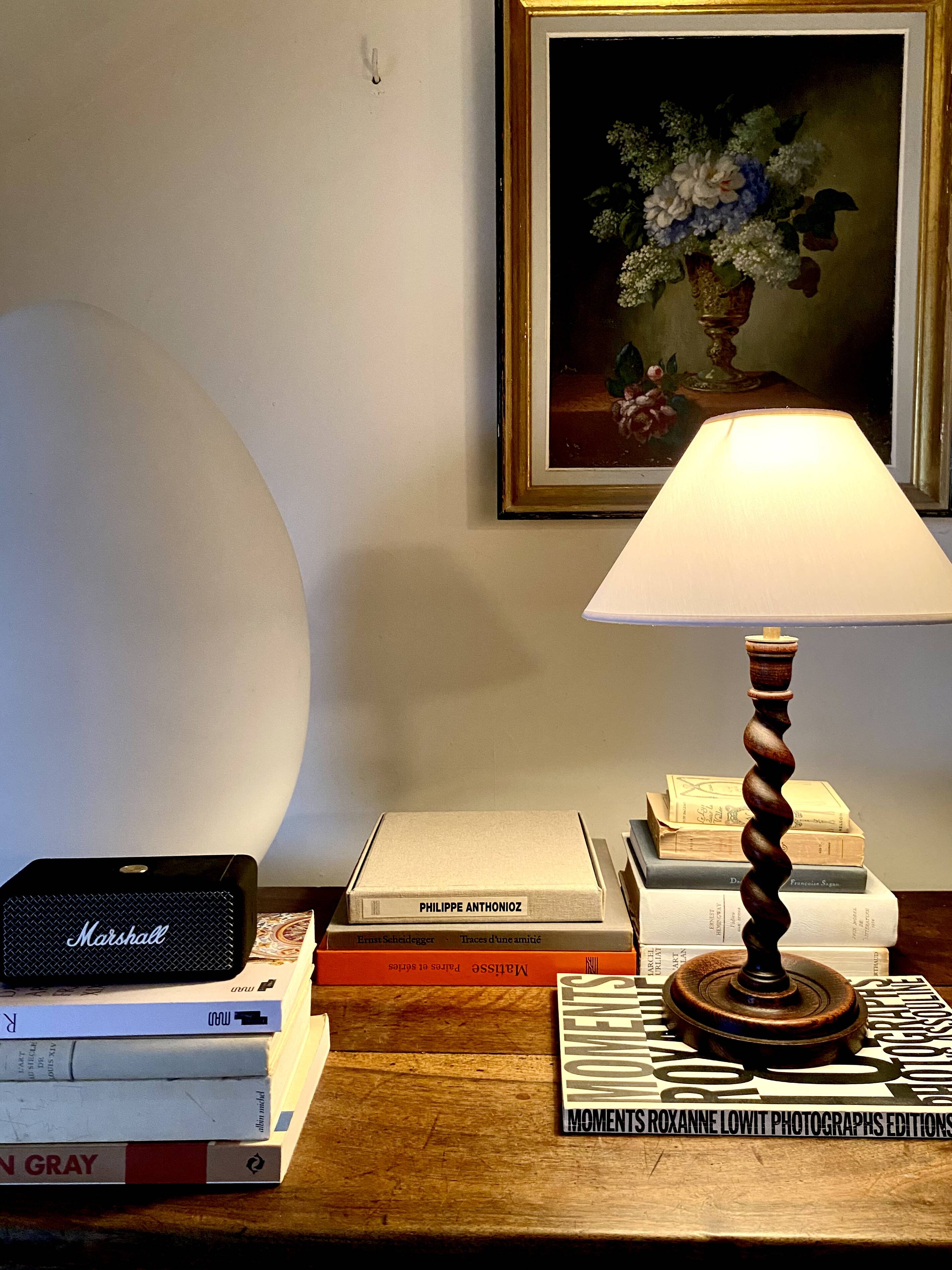 Turned wooden lamp base, fabric cable