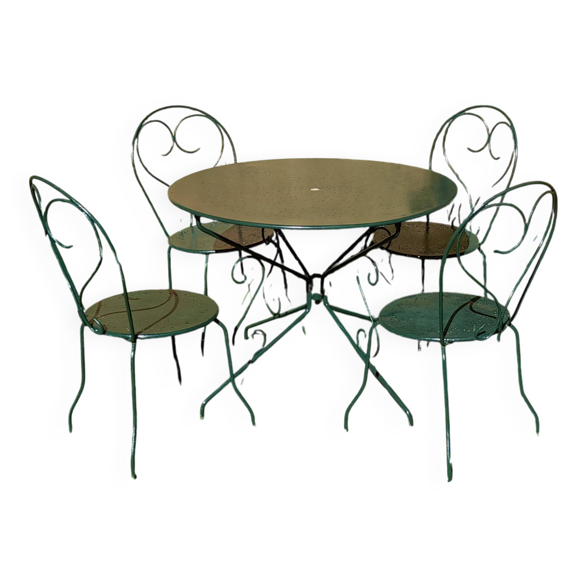 Salon de jardin ancien fer forgé 1 table 4 chaises vert wagon