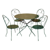 Antique wrought iron garden furniture set with 1 table and 4 wagon green chairs