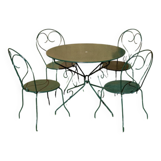 Salon de jardin ancien fer forgé 1 table 4 chaises vert wagon