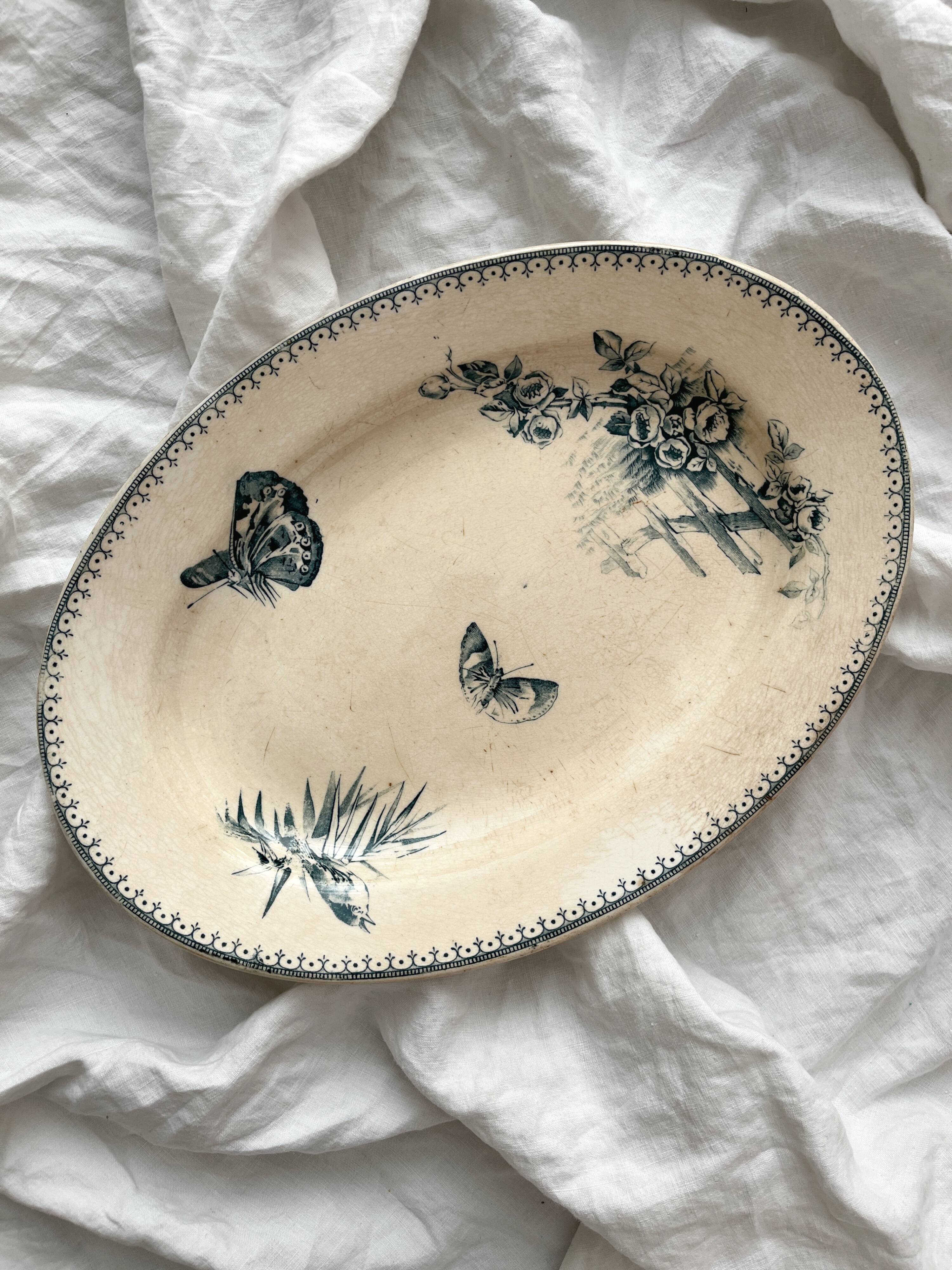 Oval ironstone dish flowers birds "Malaga" Petrus Regout