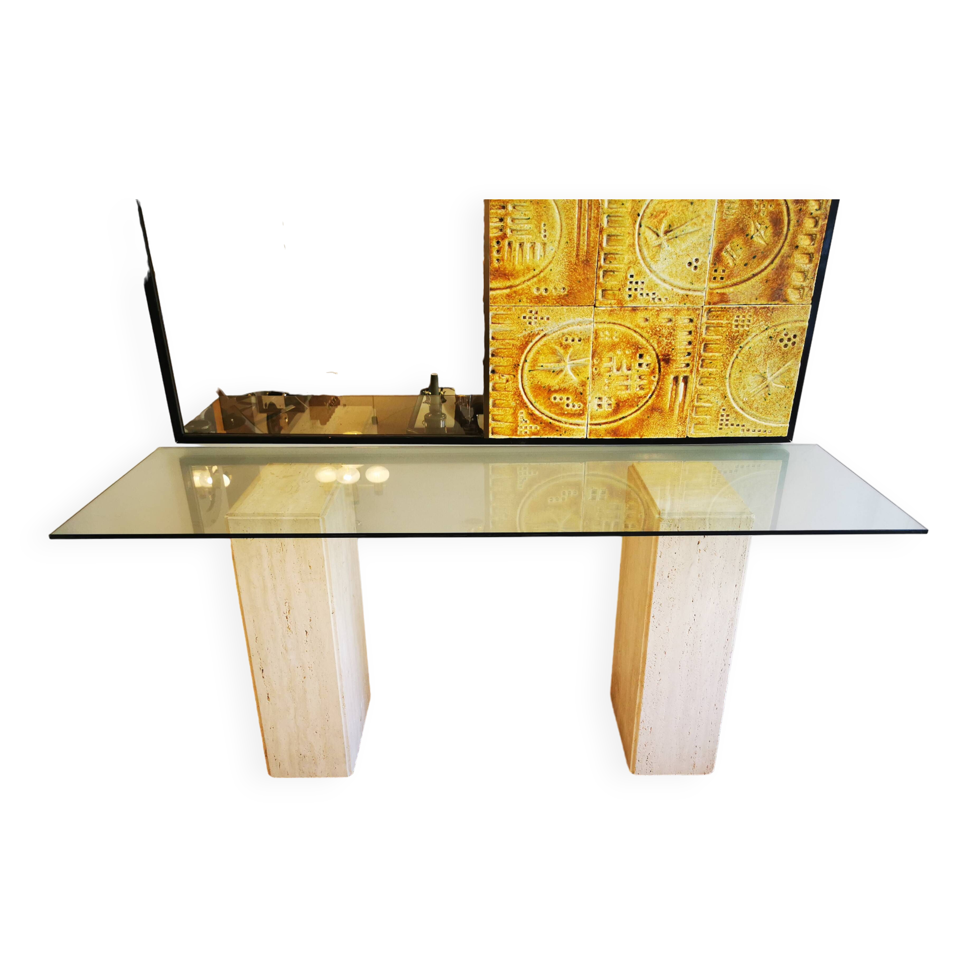 XXL vintage Italian console in travertine and glass from the 80s