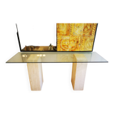 Console  XXL vintage italienne en travertin et verre années 80