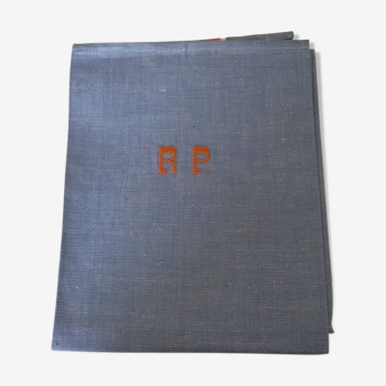 Torchon ancien métis brodé monogramme R P bleu liteaux oranges