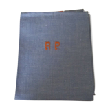 Torchon ancien métis brodé monogramme R P bleu liteaux oranges