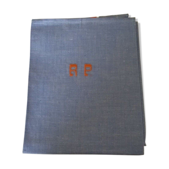 Torchon ancien métis brodé monogramme R P bleu liteaux oranges