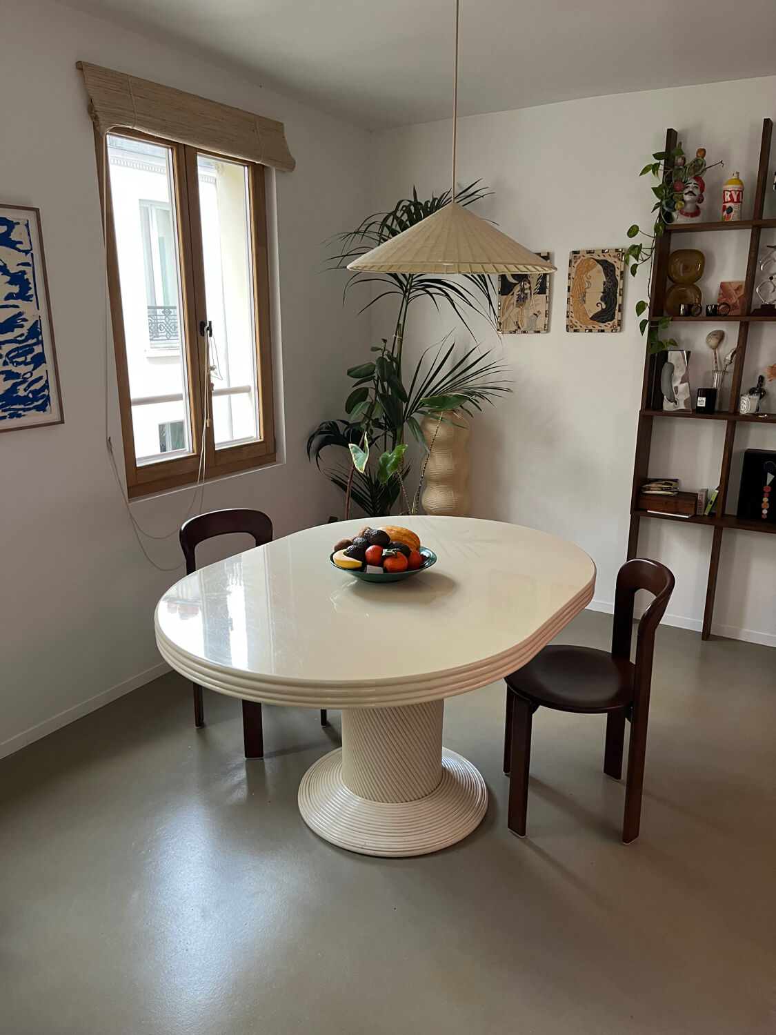Vintage table, beige lacquered top and bamboo legs.