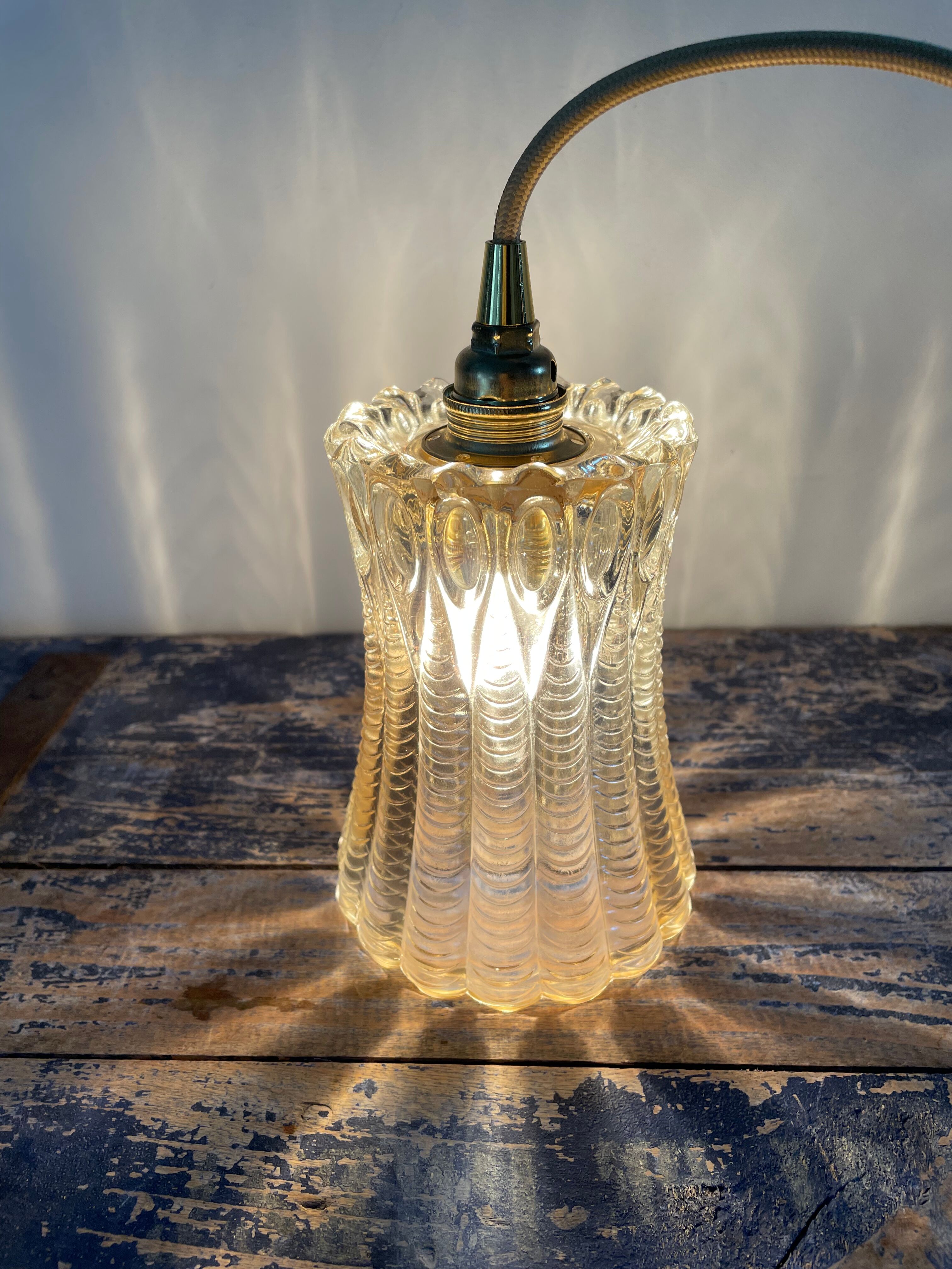 Vintage amber glass walking lamp electrified to nine
