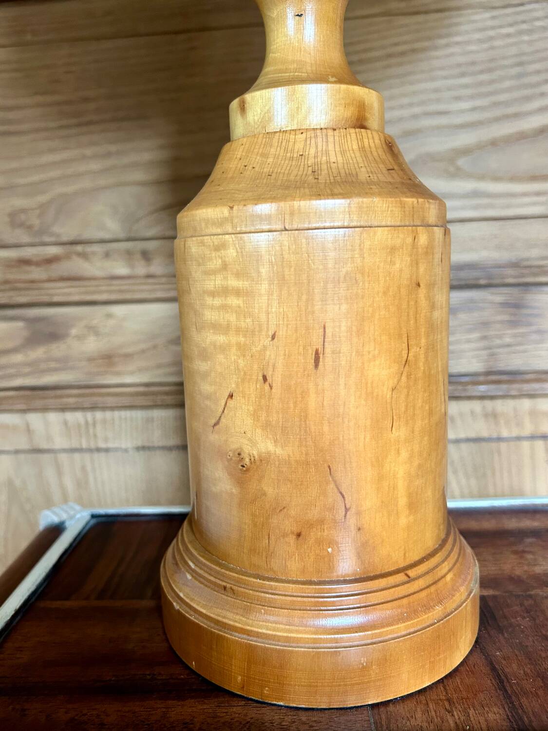 Turned wood base lamp with spun lampshade