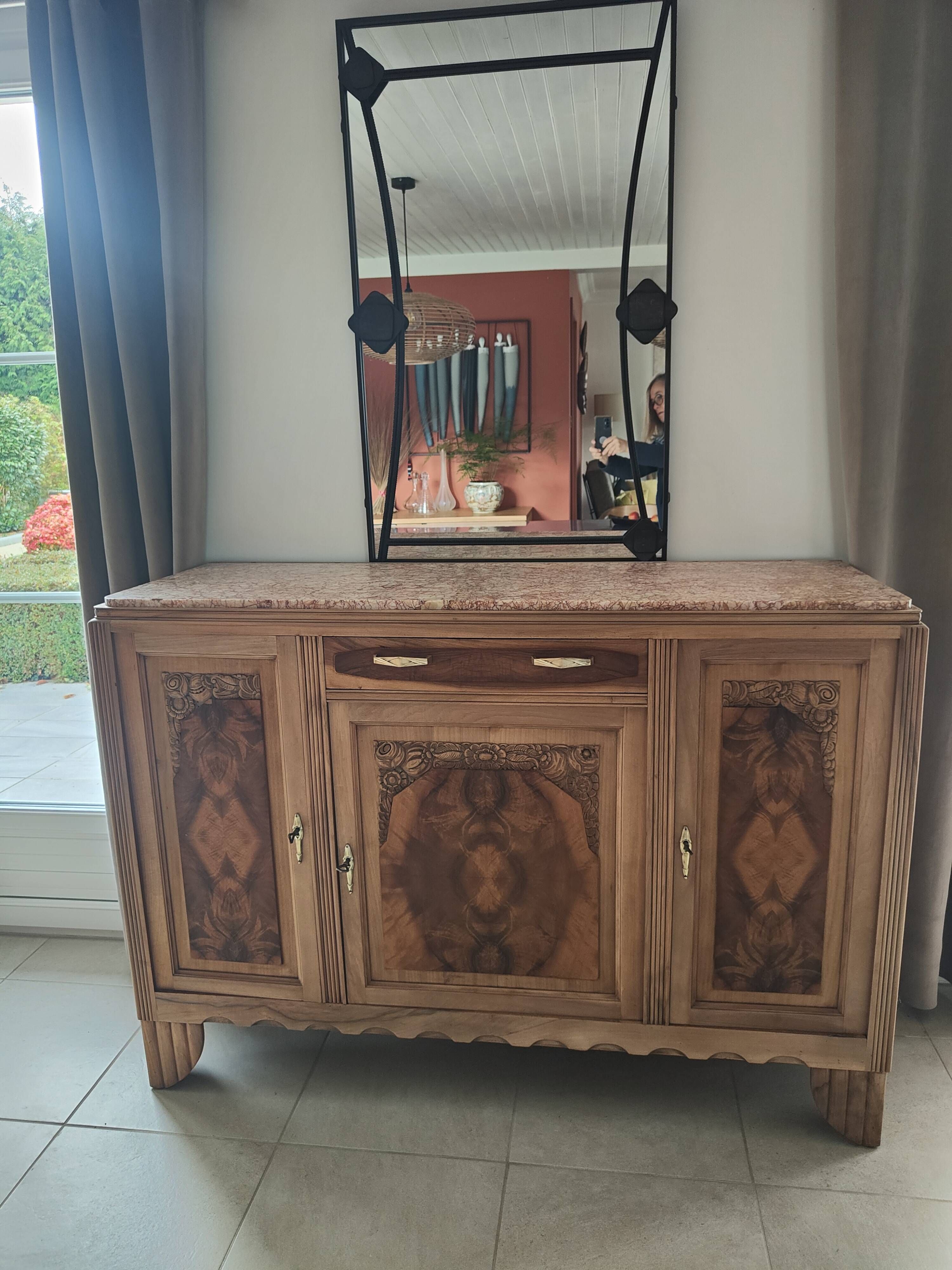 Art Deco Sideboard in Walnut Burl and Marble – 1930s